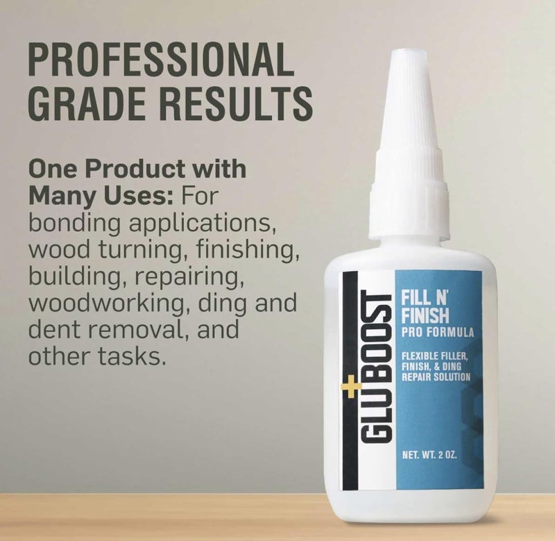 GluBoost Fill nâ€™ Finish Pro Formula â€“ Self-Leveling, Flexible, Clear Wood Filler for Cracks, Dings, and Repairs â€“ Interior Pore and Wood Grain Filler for Finishing and Repair â€“ 2 oz Solution - Image 1